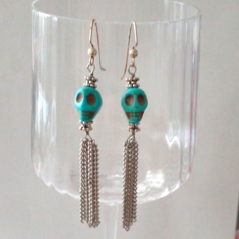 Turquoise Color Skull Chain Dangle Earrings